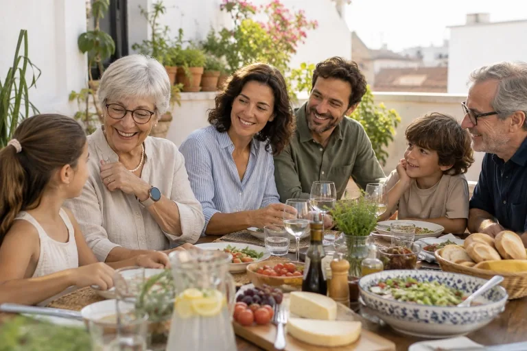 Comida familiar multigeneracional en una terraza, con la abuela sonriendo entre sus nietos