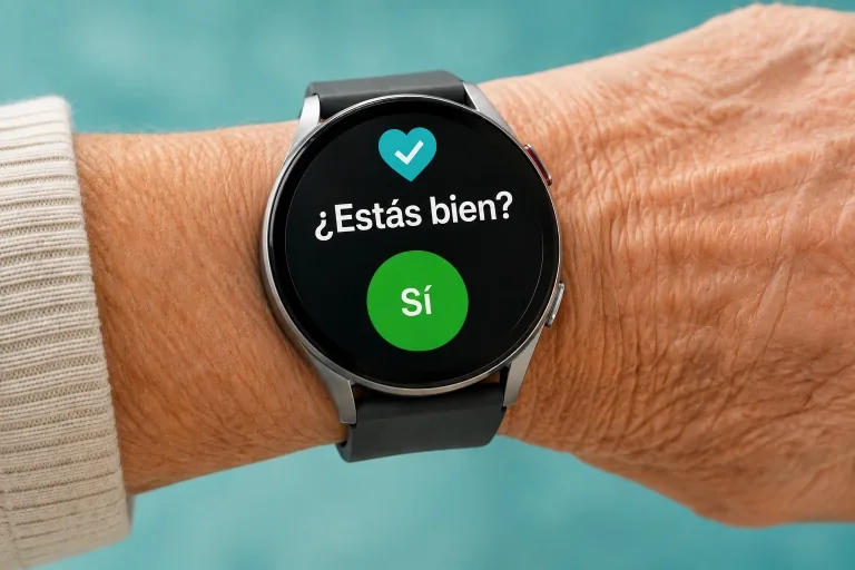 Reloj inteligente en la muñeca de una persona mayor preguntando '¿Estás bien?'