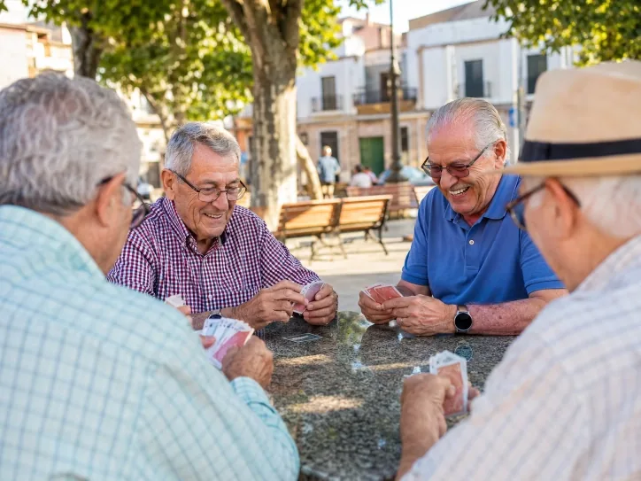 Grupo de amigos mayores jugando a las cartas en la plaza de un pueblo