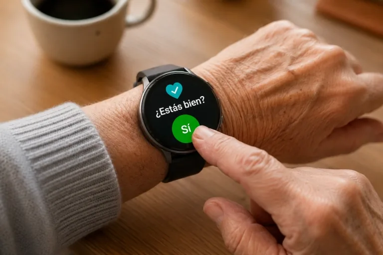 Persona mayor tocando la pantalla del reloj para responder que está bien