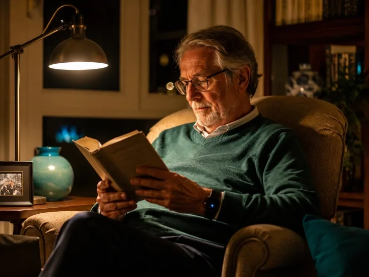 Hombre mayor leyendo tranquilamente en su sillón por la noche, con el reloj inteligente en la muñeca